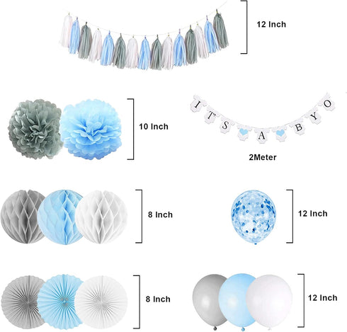 It’s A Boy Baby Shower Decorations with Banner, Paper Fan, Tissue Pompoms, Balloons, Blue and Grey