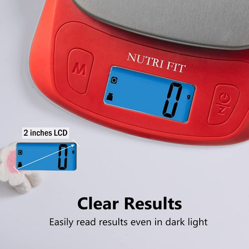 NUTRI FIT Ultra Slim Digital Kitchen Food Scale in Red/Stainless Steel, 1g Increment Measure for Coffee Making