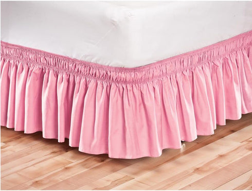 Pleated Three Sides Fabric Wrap Around Style Egyptian Cotton Elastic Bed Skirt for Twin/Full/Queen/King (Queen, Pink)