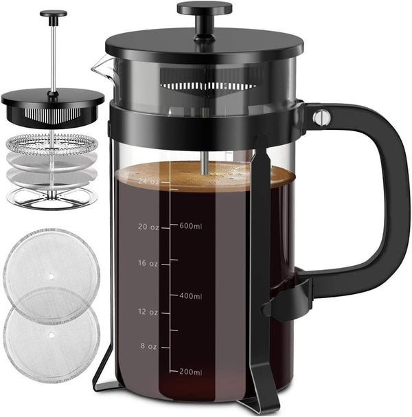 QUQIYSO 34oz French Press Coffee Maker, 304 Stainless Steel with 4 Filters, Borosilicate Glass, BPA Free