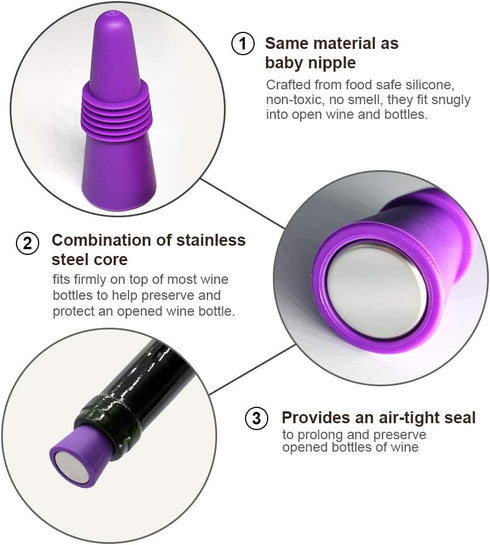 Wine Stoppers - Reusable Wine Bottle Stoppers, 4 Pack Multicolor Silicone for Glass Bottles
