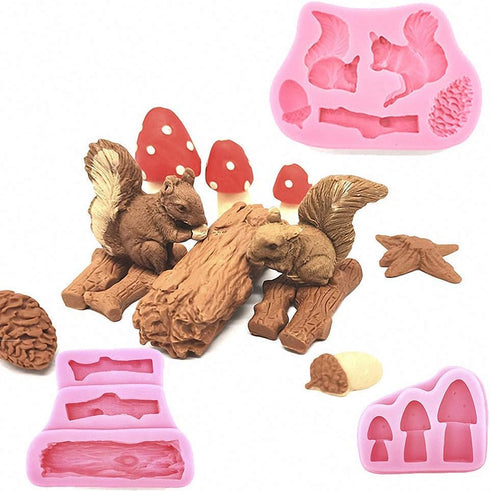4Pcs/Set Forest Themed Fondant Molds, Animal Tree Trunk Squirrel Mushroom Pinecones Cake Decorating Tool Mold