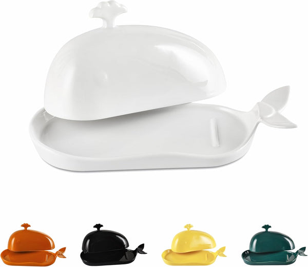 Butter Dish with Lid for Countertop, Cute Whale Design, Ceramic Butter Dish