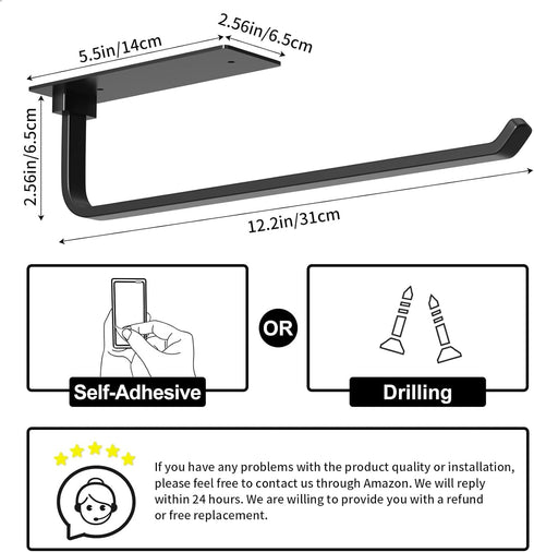 Paper Towel Holder, Self-Adhesive or Drilling, Matte Black Under Cabinet Rack for Kitchen Roll Holder
