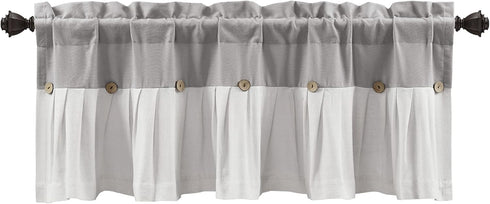 Lush Decor Linen Button Farmhouse Valance - 52" W x 18" L, Gray & White, Rustic Kitchen Curtains with Coconut Husk