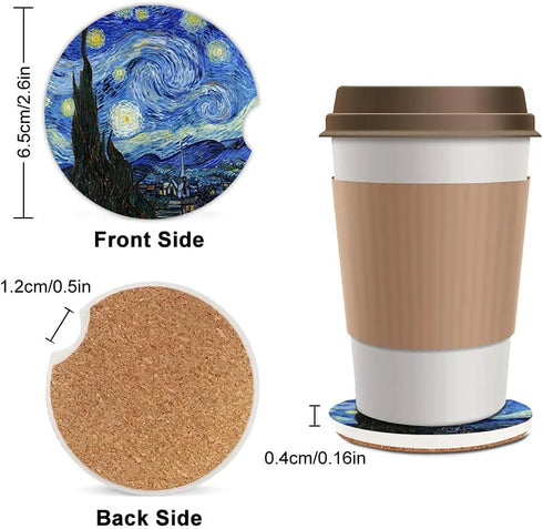 Ceramic Car Coasters for Women/Men, Absorbent Drink Cup Holders with Finger Notch, Pack of 2, Starry Night