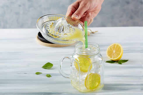 Glass Lemon Juicer, Manual Squeezer for Small Citrus with Handle and Pour Spout, 2.02oz
