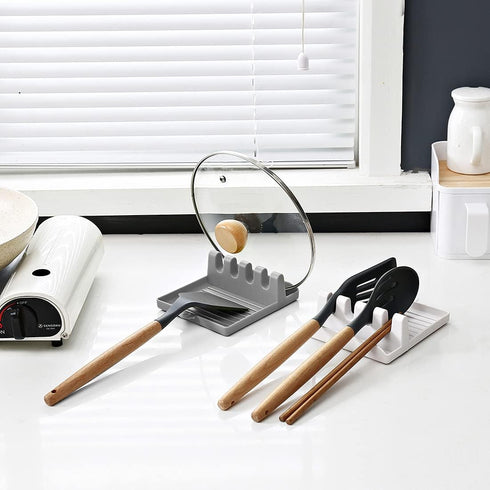 Kitchen Utensil Rest - Heat-Resistant Spoon Holder for Spoons, Ladles, Tongs & More - 2 Pack (White & Grey)