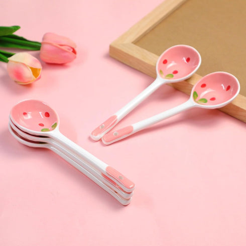 MWRDSM 5 (5) Pcs Ceramic Soup Spoons Cute Strawberry Spoons Long Handle Porcelain Tablespoons Reusable Dinnerware