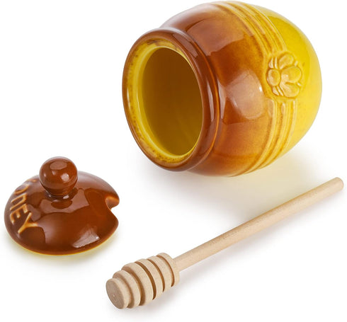 2 Pack 12 Oz Hiceeden Ceramic Honey Pot with Dipper and Lid, Yellow Honey Jar Bee Embossed Honey Storage Container