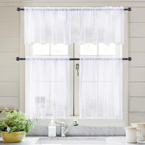 MIULEE White Sheer Curtains - 24 Inch Length Linen Textured Kitchen Window Curtains Over Sink, 2 Panels for Light