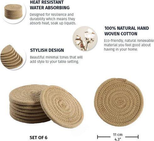 Set 6, OrganiHaus Drink Coasters of Absorbent Cotton Woven Cup Coasters, Rustic Farmhouse Boho Decor for Coffee Table