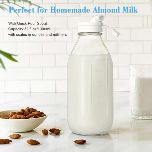 2 Pack 2 100% 32 Oz 3 Glass Milk Bottle with Dispenser Caps, Airtight Heavy Duty Screw Lid. Reusable Glass Water Jug