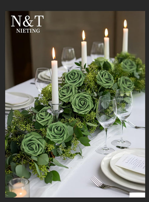 N&T NIETING 25pcs Artificial Roses Foam Flowers with Stems for DIY Cake Decoration, Army Green