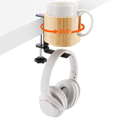 Nnewvante Desk Cup Holder, 2 in 1 360° Rotating Headphone Hanger and Anti-Spill Cup Holder for Gaming Desk
