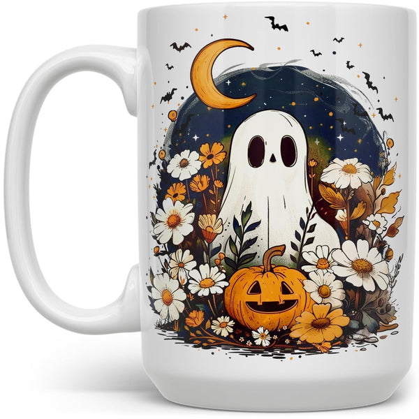 Fall Halloween Ghost Coffee Mug, Cottagecore Pumpkin Cup for Spooky Season Gift for Mom, Friend, Coworker (15oz)