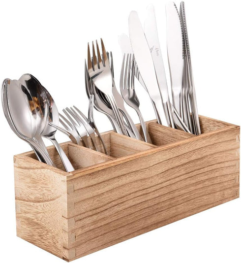 WuGeShop Wood Cutlery Caddy, Kitchen Utensil Organizer with 4 Compartments for Flatware Storage