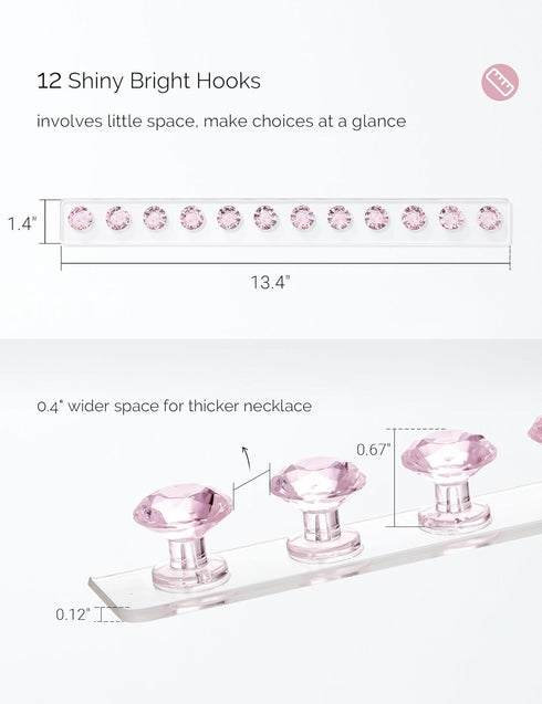 Acrylic Necklaces Holder, Wall Mounted Jewelry Organizer with 12 Hooks, Clear Necklace Hangers for Girls