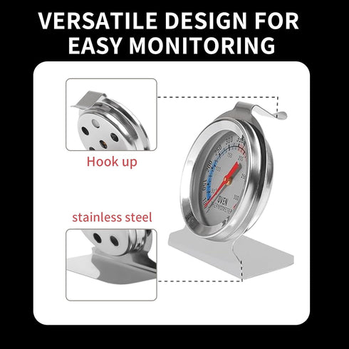 Large Dial Hanging Oven Thermometer - Accurate Temperature Gauge for Gas Electric Oven, Stainless Steel