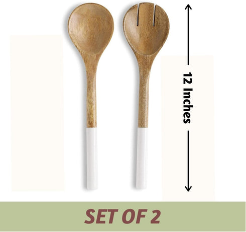 Folkulture Wooden Salad Servers or Tongs - 12-inch Spoon and Fork Set for Serving Salad, Mango Wood, White