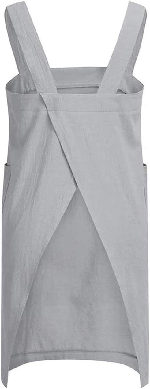YESDOO Linen Apron Cross Back Apron for Women with Pockets Pinafore Dress for Baking Cooking, Grey, Small