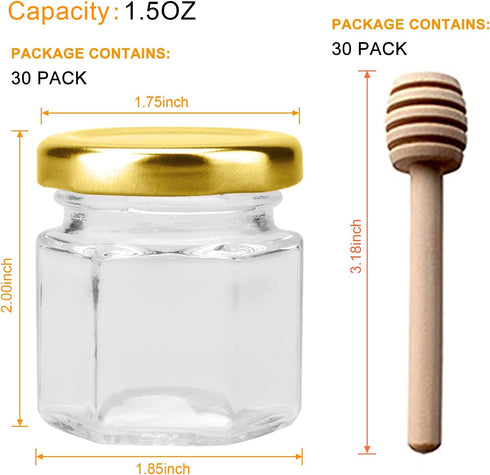 Woaiwo-q 30 Pack 1.5 oz Mini Honey Jars,Hexagon Mini Glass Honey Jars with Gold Lids,Small honey Jar with dipper