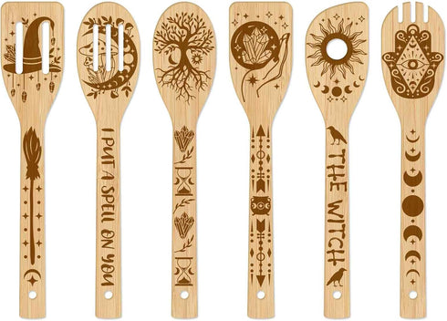 GLOBLELAND 6Pcs Magic Divination Bamboo Cooking Utensils Set, Engraved Wooden Spoons for Kitchen Gift