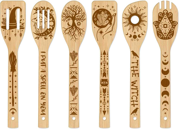 GLOBLELAND 6Pcs Magic Divination Bamboo Cooking Utensils Set, Engraved Wooden Spoons for Kitchen Gift