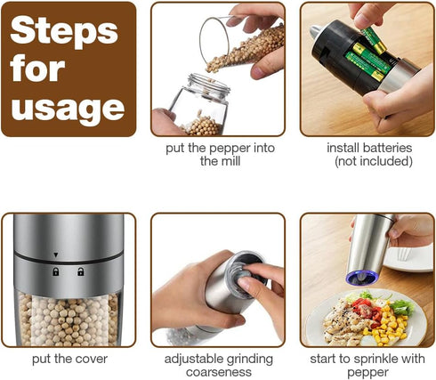 Set, 2 Pack) Gravity Electric Salt and Pepper Grinder Adjustable Coarseness, Automatic Shakers Mill Grinder with LED