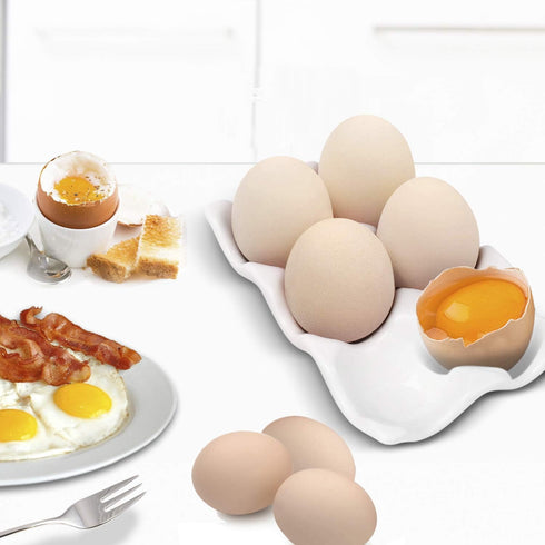 Flexzion Porcelain Egg Crate - 6-Egg Capacity Ceramic Holder for Fridge, 2 Pack, White