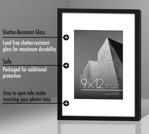 Americanflat 9x12 Picture Frame with Shatter-Resistant Glass - Use as 6x8 Frame with Mat or Display 9x12 Photo