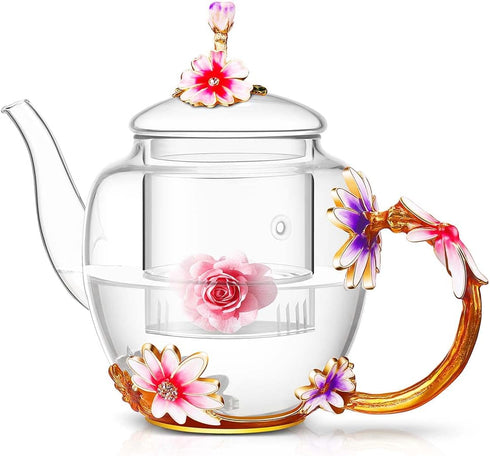 Luka Tech 35OZ Enamel Glass Flower Teapot With Removable Loose Tea Leaf