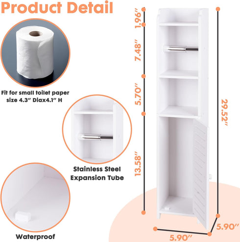 ShellKingdom Toilet Paper Holder Stand with Rods, Small Bathroom Storage Cabinet with Doors and Shelves, Slim Storage