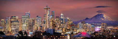 PHOTOSBYJON Seattle Skyline 2020 UNFRAMED Photo Print, Dusk Color City Downtown, 11.75 x 36 inches