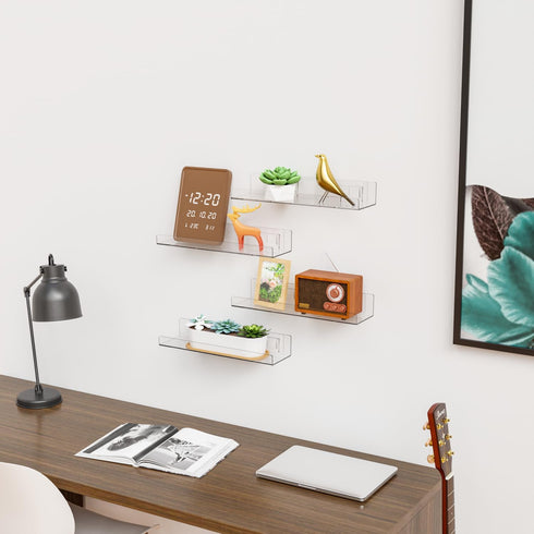 Yieach 6 Pack Acrylic Shelves for Wall Storage- No Drilling Adhesive Shelves - Clear Stick On Bathroom Wall Shelf