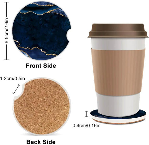 Ceramic Car Coasters for Women/Men, Absorbent Drink Cup Holders with Finger Notch, 2.56" Pack of 2, Blue Marble Gold