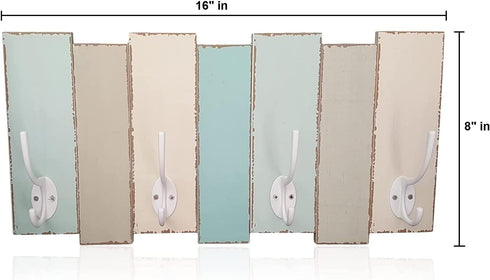 Beachy Wood Wall Rack Tumbler Home - 4 Double Metal Hooks, Distressed Finish, 16 inch x 8 inch Decor