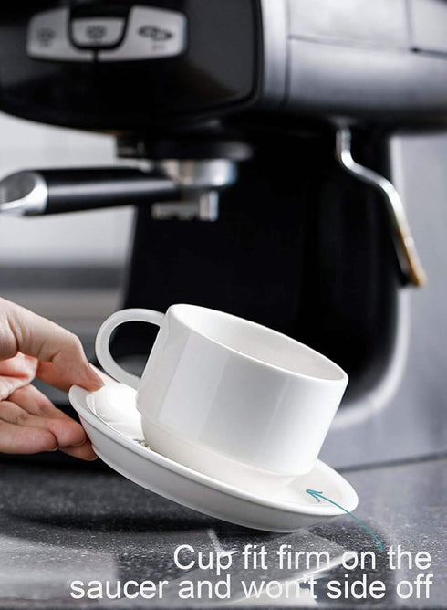 Sweese 8 Ounce Porcelain Stackable Cappuccino Cups with Saucers and Metal Stand, Set of 4 for Specialty Coffee Drinks,