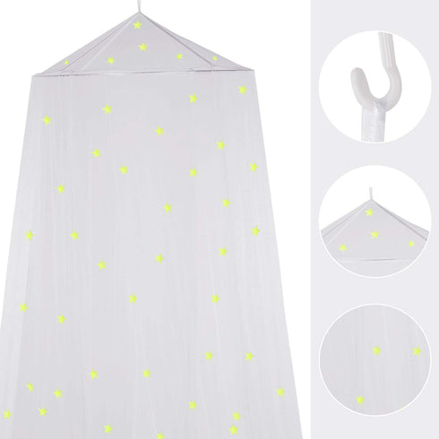 Bed Canopy Mesh Netting with Fluorescent Stars, Glow in Dark Hanging Dome Canopy for Single to King Size Beds, White