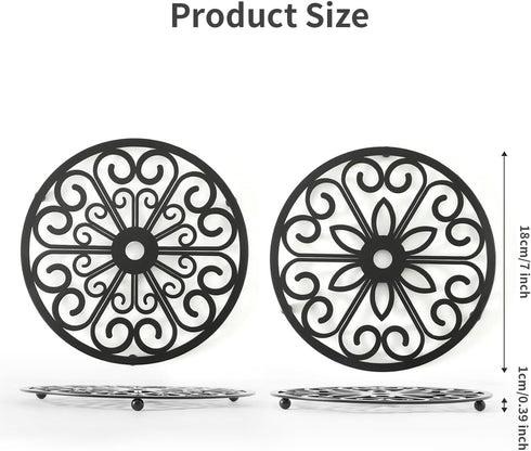 TEAKISS 2 Pack 7 Inch Decorative Round Flower Trivets - Iron Pot Pads, Black Elegant Kitchen and Dining Table