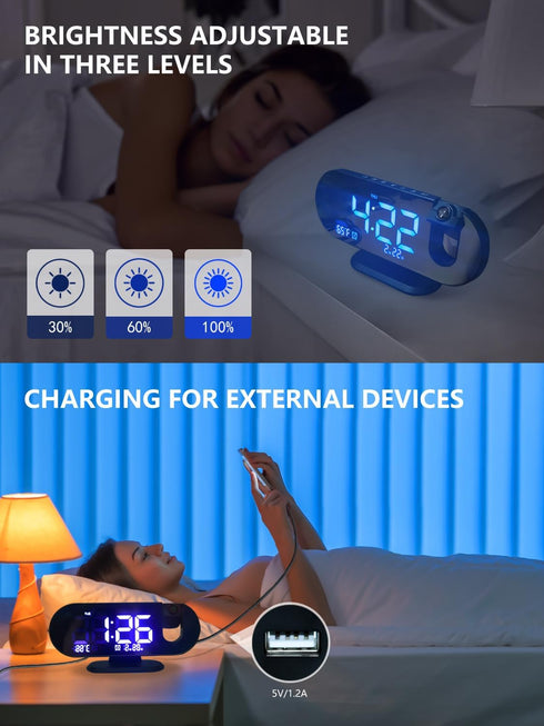 Projection Alarm Clock - 2024 New Projection Clock with 180° Rotatable Projector for Bedroom Ceiling - Clear LED Display, USB Charger Automatic Light-Sensitive Temperature, Silent Movement by ATTGUCI