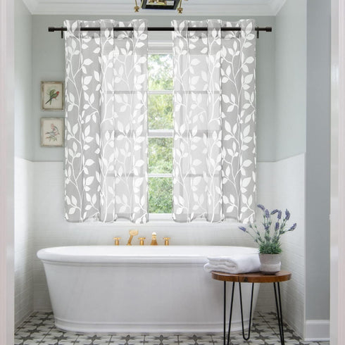 XTMYI Light Grey Small Window Curtain Panels for Bathroom, Grommet Leaf Striped Sheer Half Short Curtains, 48 Inch