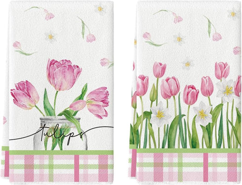Artoid Mode Tulip Buffalo Plaid Flowers Spring Kitchen Towels Dish Towels, 18x26