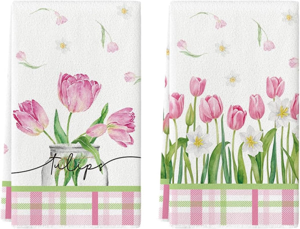 Artoid Mode Tulip Buffalo Plaid Flowers Spring Kitchen Towels Dish Towels, 18x26