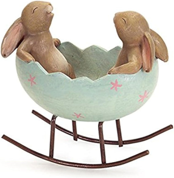 Vintage Rustic Country Bunnies Rabbit Figurine Statue, Laughing Bunny Rabbits Rocking in an Easter Egg Cradle