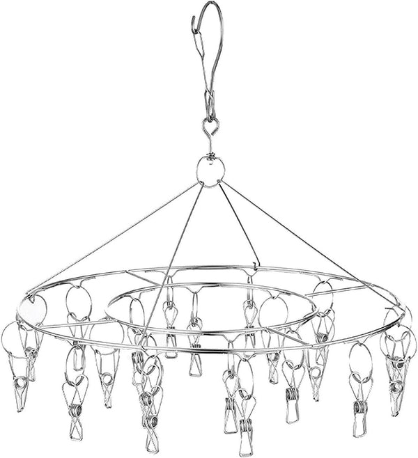 CenYouful Stainless Steel Round Drying Rack with 20 Clips for Socks, Baby Clothes, Bras, Towels, Underwear, Hats,