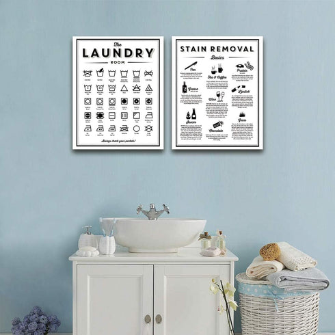 Symbols and Stain Removal Laundry Sign Canvas Art, Black White Painting for Laundry Room Decor 16x20 Inch
