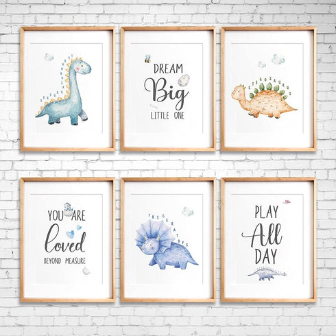 SUUURA-OO Set 6 (8'X10') Dream Big Cute Baby Dinosaur Watercolor Art Print - of Dinosaur Inspirational Decor - Living
