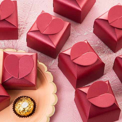 AWELL Burgundy Favor Box Bulk - 2.5x2x2.5 inches with Heart Bow, Pack of 50 Party Favor Boxes