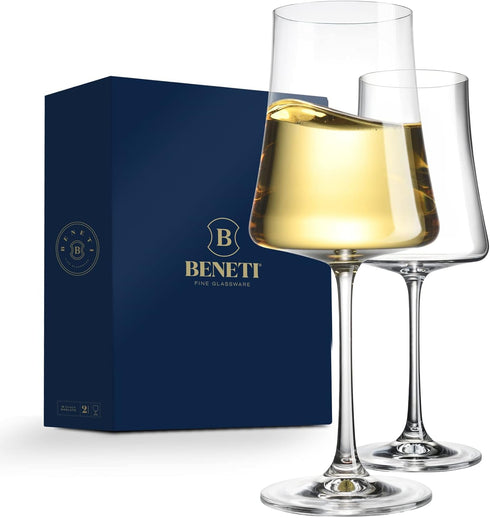 BENETI Exquisite Wine Glasses Set of 2, Handmade in Europe, 15oz Premium Crystal Red & White Long Stem Glasses